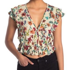 •RAGA•‎ My Paradise Floral Ruffle Sleeve V-Neck Crop Top Size Small